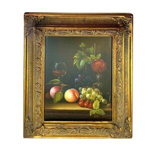 Painting Floral and Fruit Oil on Board Vintage Still Life Classic Art Decor